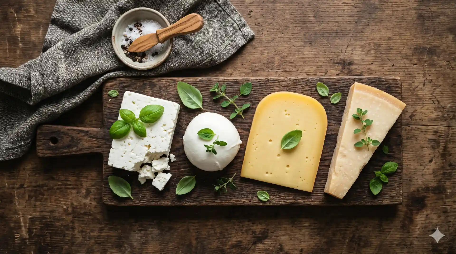 Vergelijking van feta, mozzarella, Goudse kaas en parmezaan op een houten plank