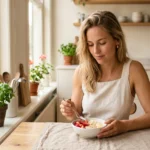 Vrouw aan keukentafel met laag-FODMAP ontbijt: havermout, aardbeien en banaan