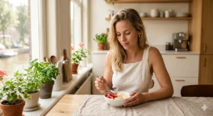 Vrouw aan keukentafel met laag-FODMAP ontbijt: havermout, aardbeien en banaan