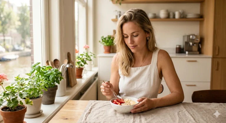 Vrouw aan keukentafel met laag-FODMAP ontbijt: havermout, aardbeien en banaan