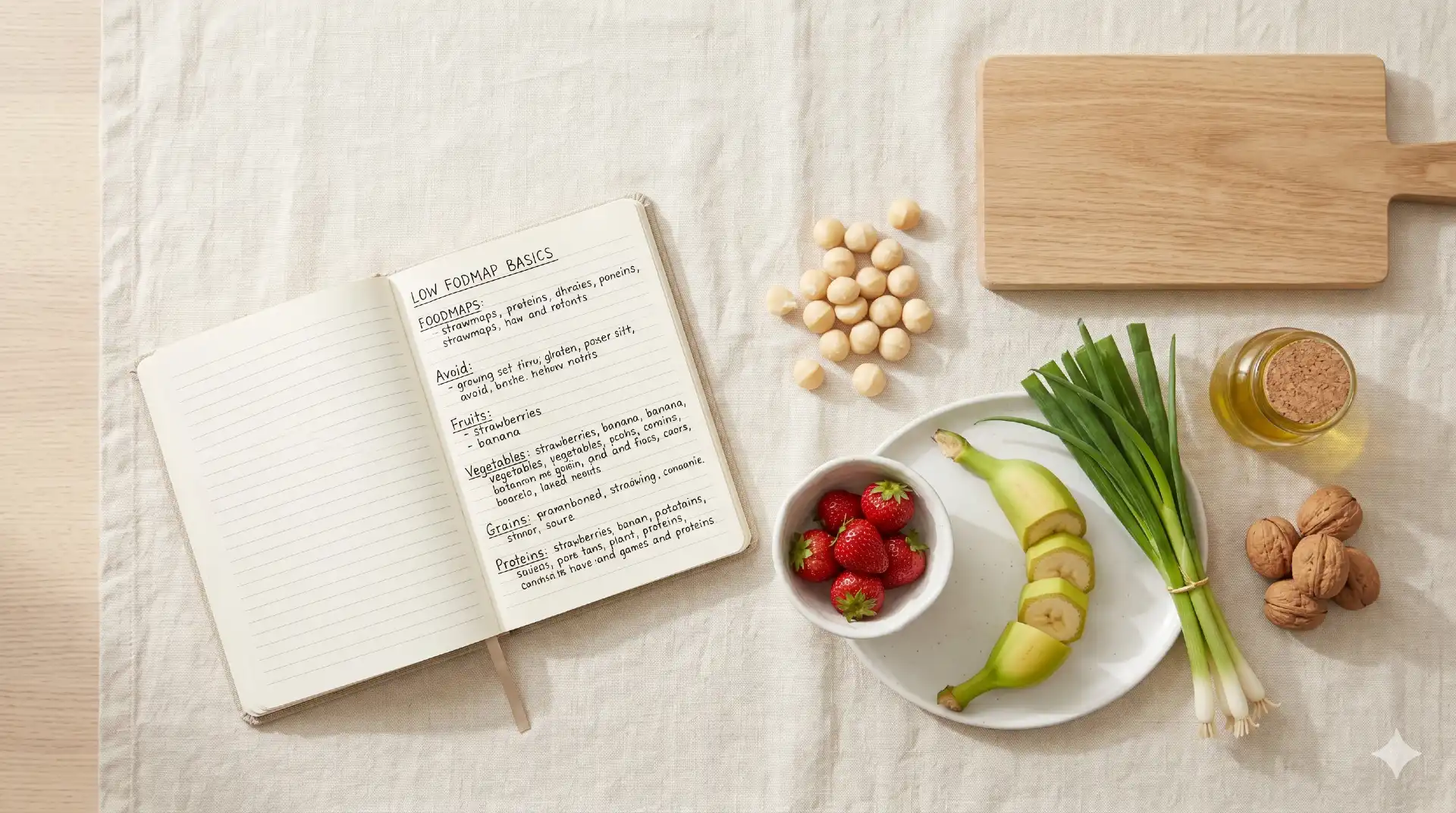 Laag-FODMAP voedingsmiddelen: aardbeien, banaan, walnoten, macadamia en knoflookolie