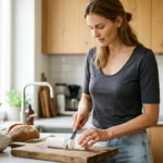 Vrouw snijdt verse geitenkaas in keuken