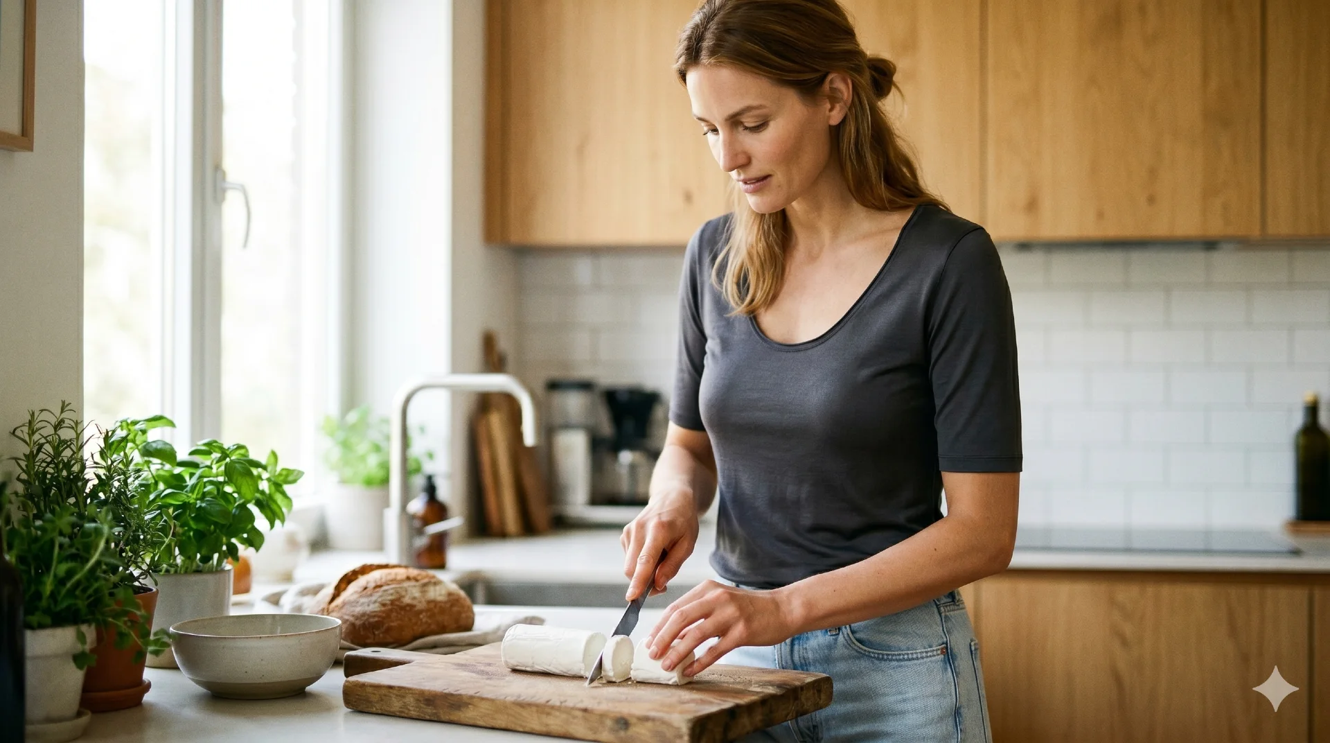 Vrouw snijdt verse geitenkaas in keuken
