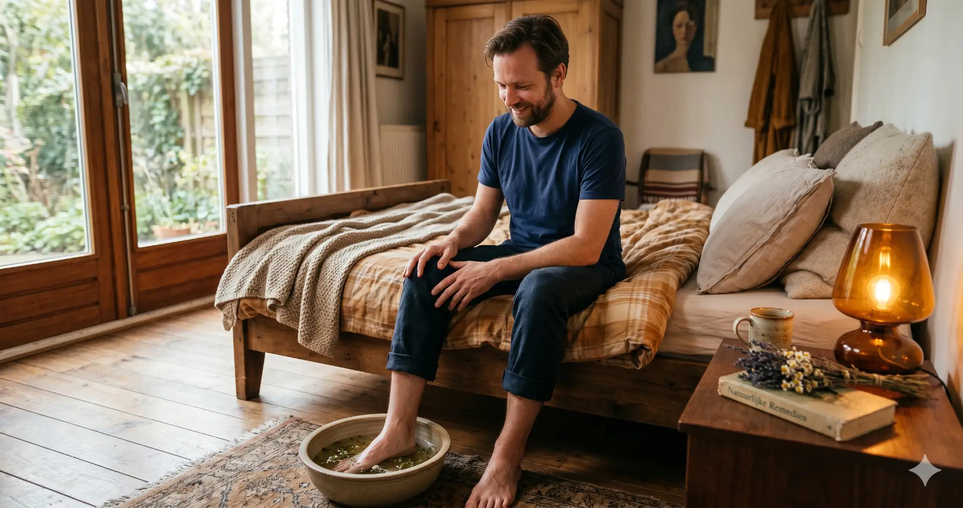 Man verzorgt haar voet bij een ingegroeide nagel met een lauwwarm voetbadje