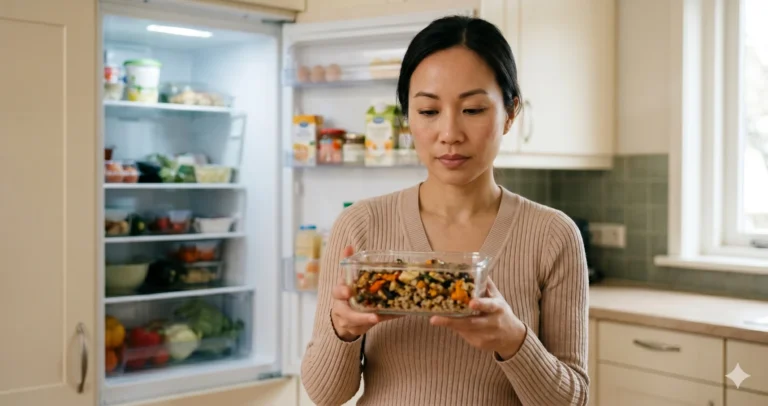 Vrouw kijkt naar bakje kliekjes in koelkast