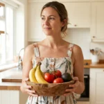 Fruitschaal met bananen, tomaten en avocado op aanrecht: niet in de koelkast