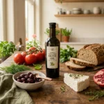 Mediterraan dieet met olijfolie, tomaten, basilicum en volkoren brood op rustieke houten tafel