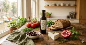 Mediterraan dieet met olijfolie, tomaten, basilicum en volkoren brood op rustieke houten tafel