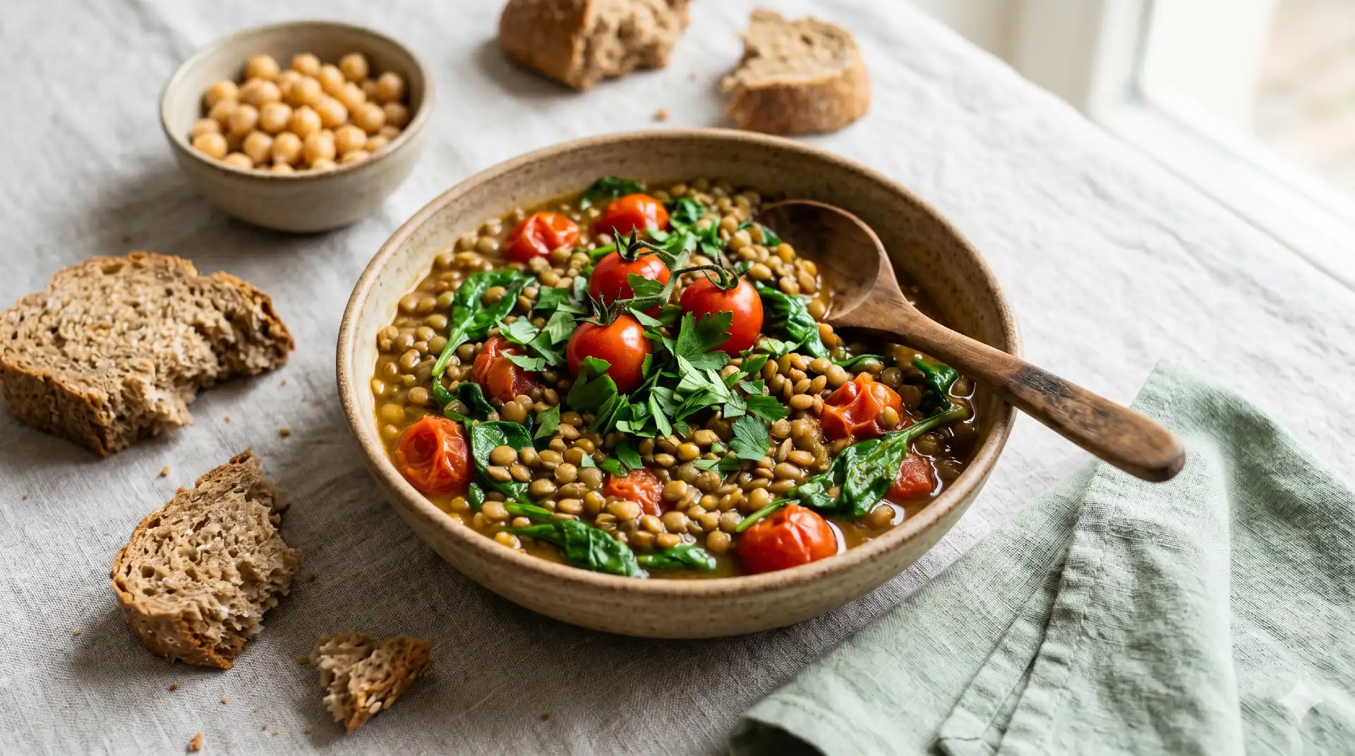 Stoofpot met linzen, tomaat en spinazie in aardewerk schaal als mediterrane maaltijd
