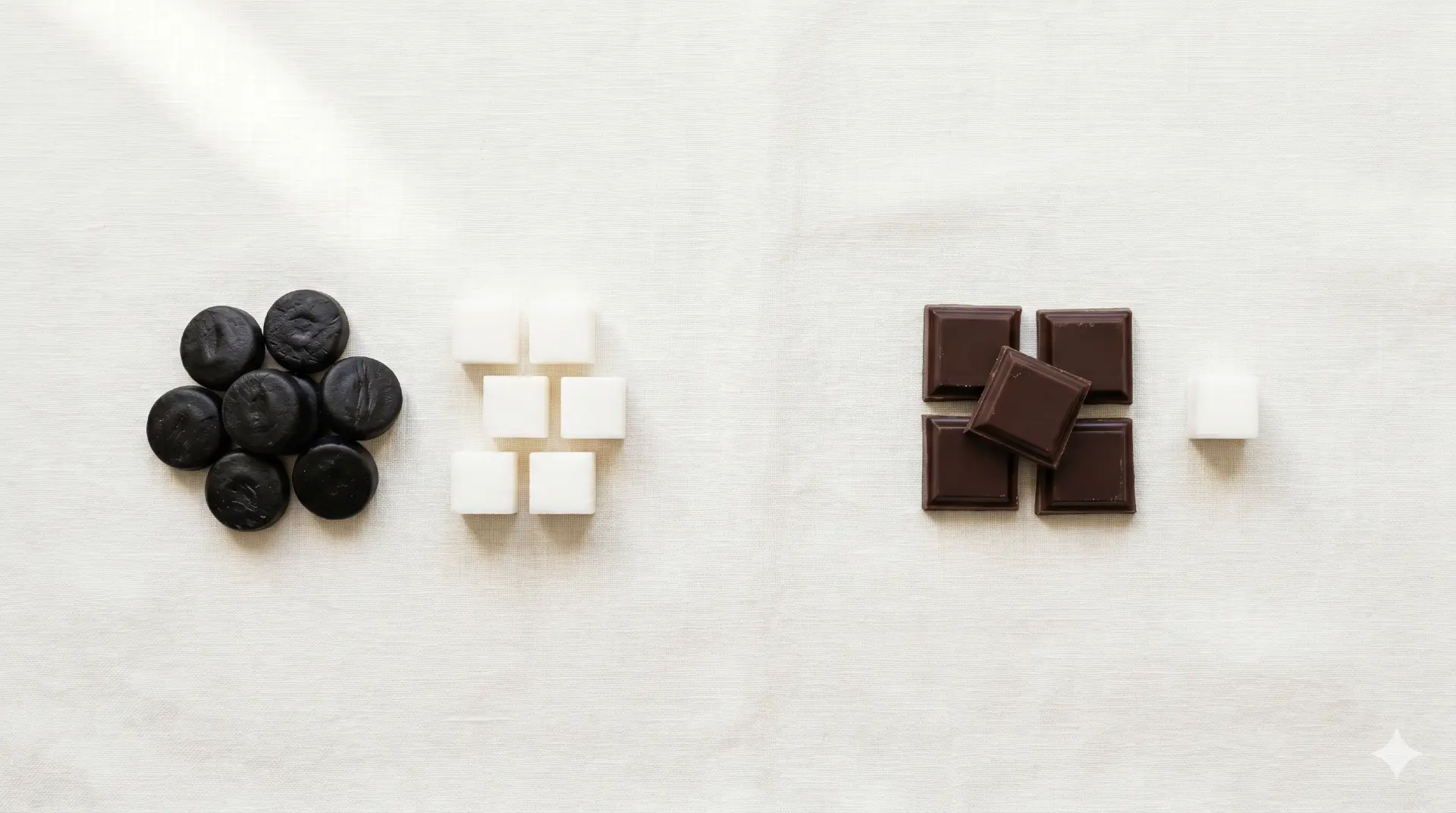 Vergelijking suiker in gezond snoep: drop versus pure chocolade