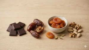 Gezond snoep alternatieven: pure chocolade, medjoul dadels en noten op houten plank