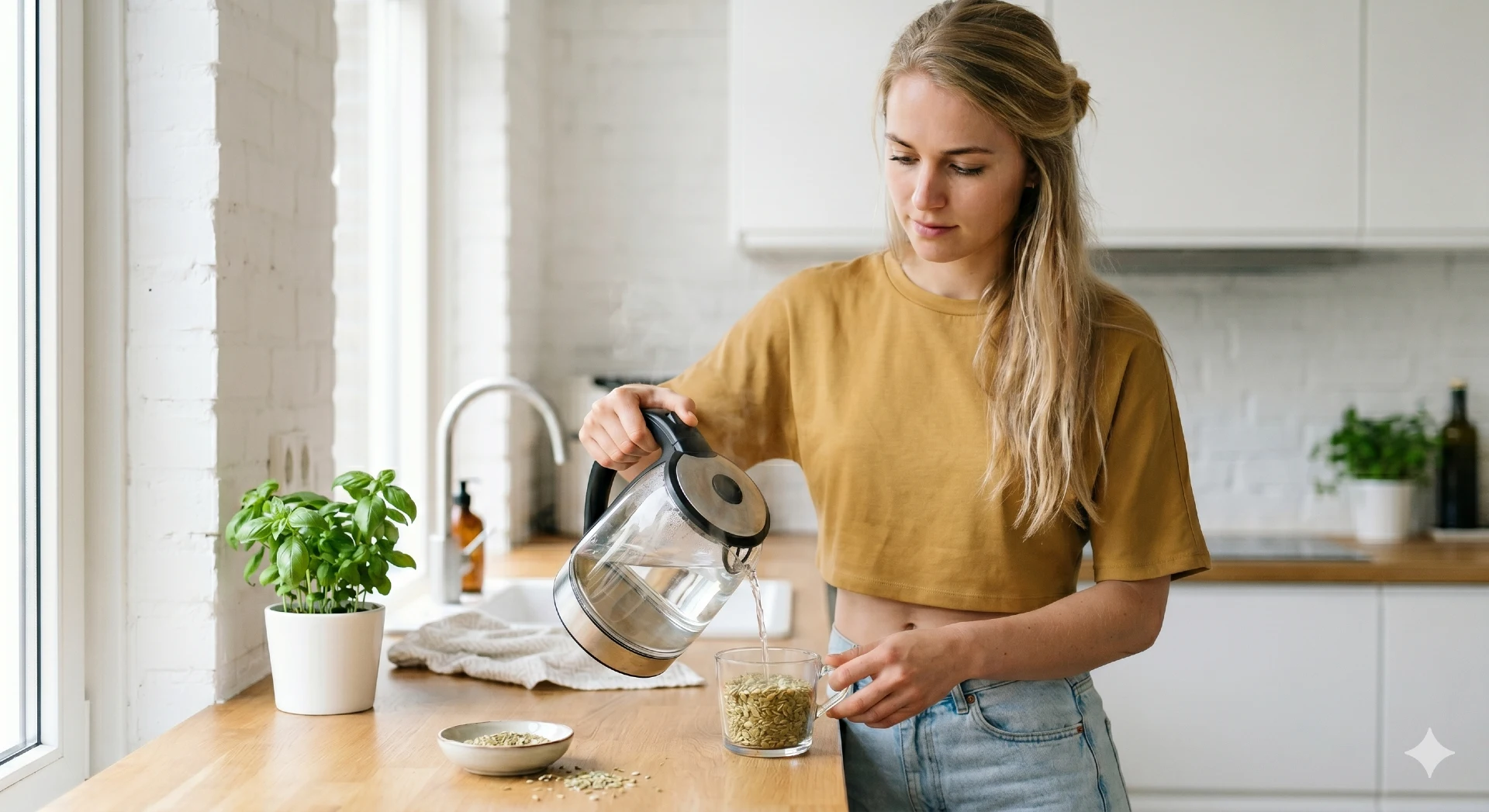 Vrouw zet verse venkelthee in keuken